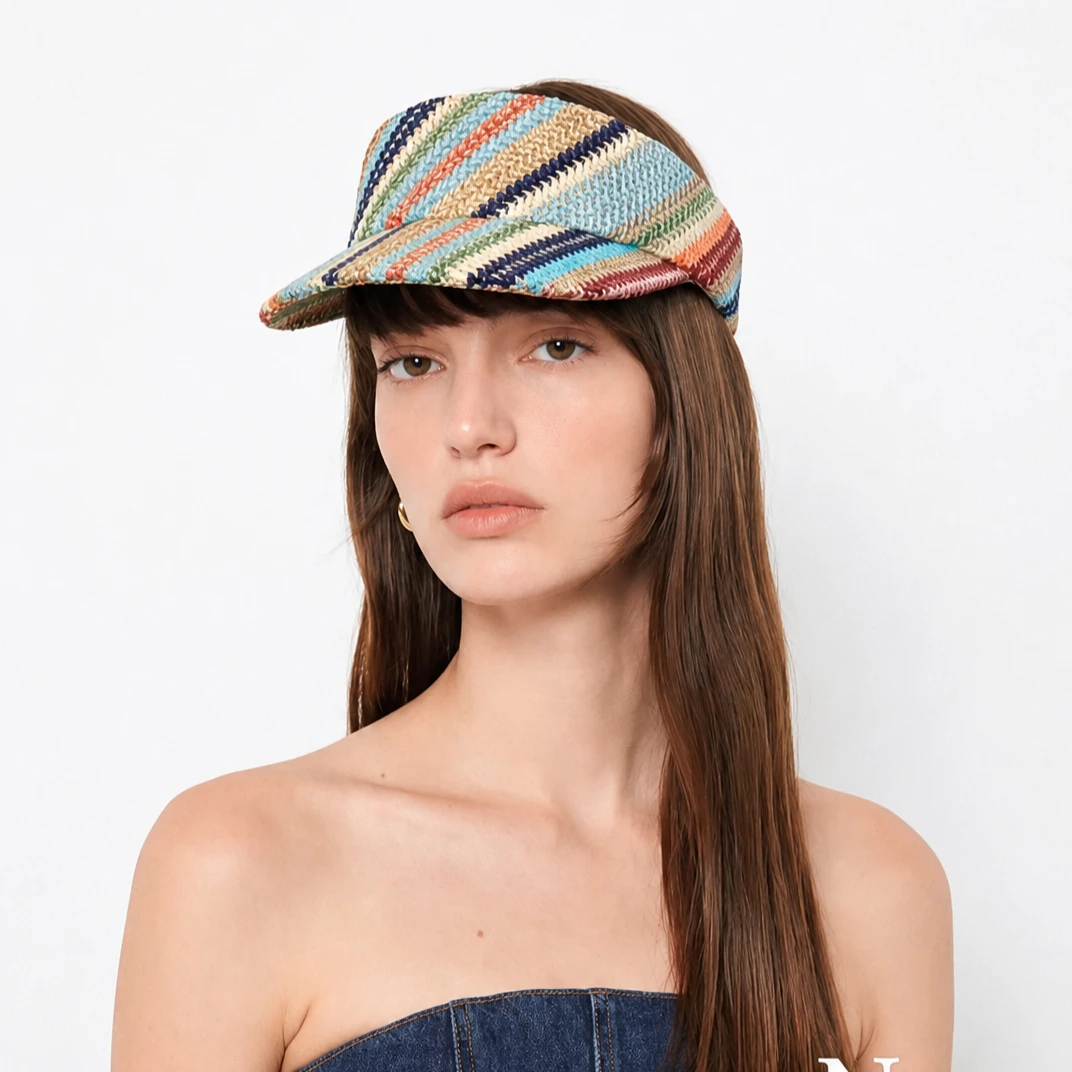 Women Woven Sun Visor Hat French Style Stripe Open Top Summer Cap