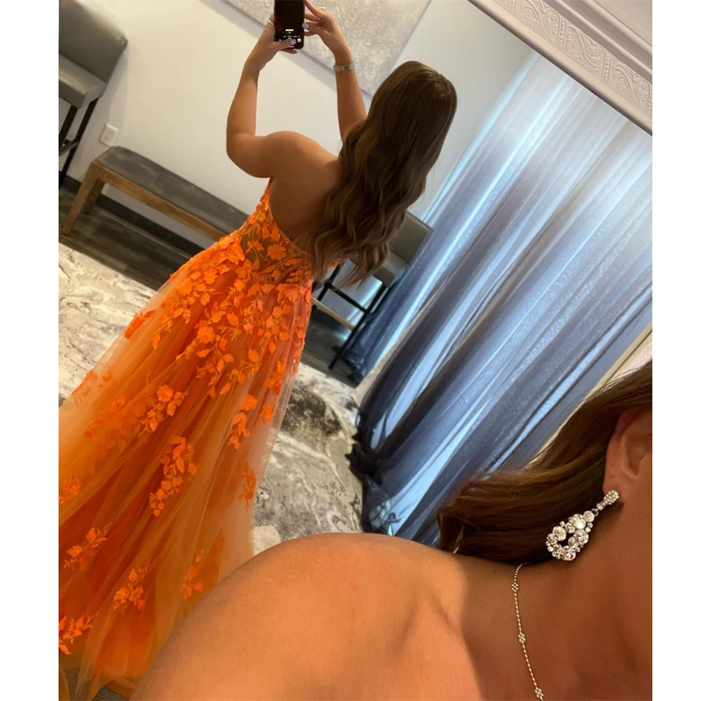 Orange Lace Appliques robes de soirée Prom Dresses Long Sweetheart A Line Tulle Formal Evening Gowns Women Party Dress