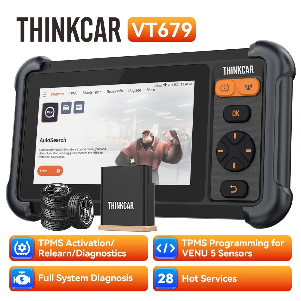 THINKCAR VT679 TPMS OBD2 Diagnostic Tool Program/Activate/Relearn Sensor Support CAN FD Full system Diagnosis 28 Reset Service