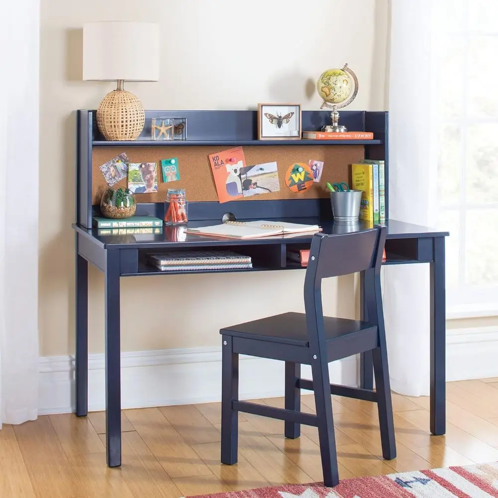 

Navy Blue Kids Desk with Hutch, Chair, Storage, and Corkboard - Wooden Study Table Set for Boys' Bedroom