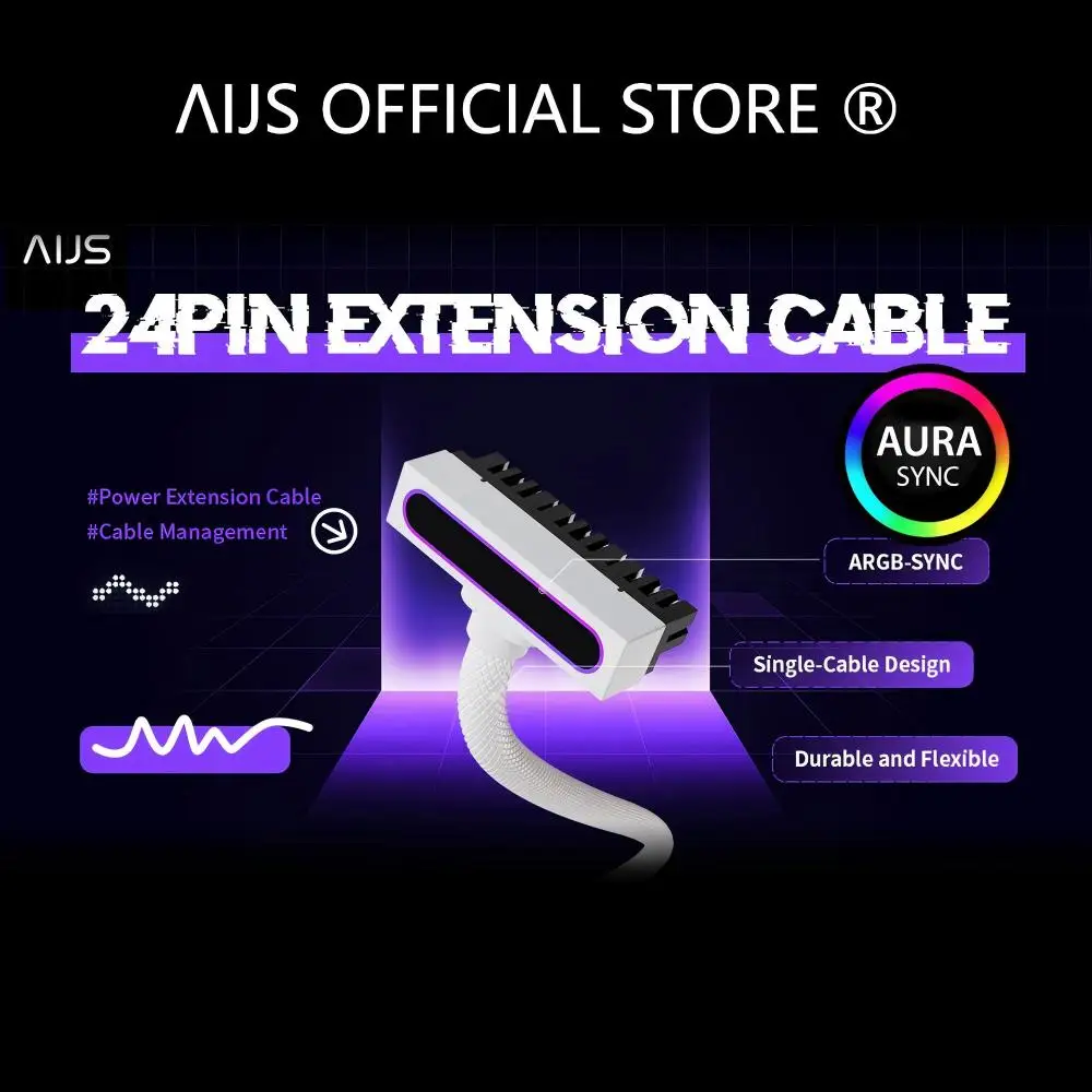 

AIJS 24pin Extension Cable ARGB Light with 5V 3Pin, ATX Motherboard Power Cable 18AWG 90° Right-Angle Design Male-to-Female