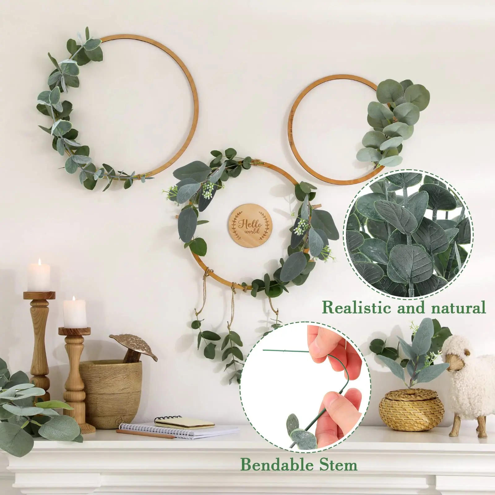 

E9 24PCS Artificial Eucalyptus Leaves Stems Bulk Silver Dollar Leaf Picks Plant Fake Flowers for Wedding Bouquets Floral Decor