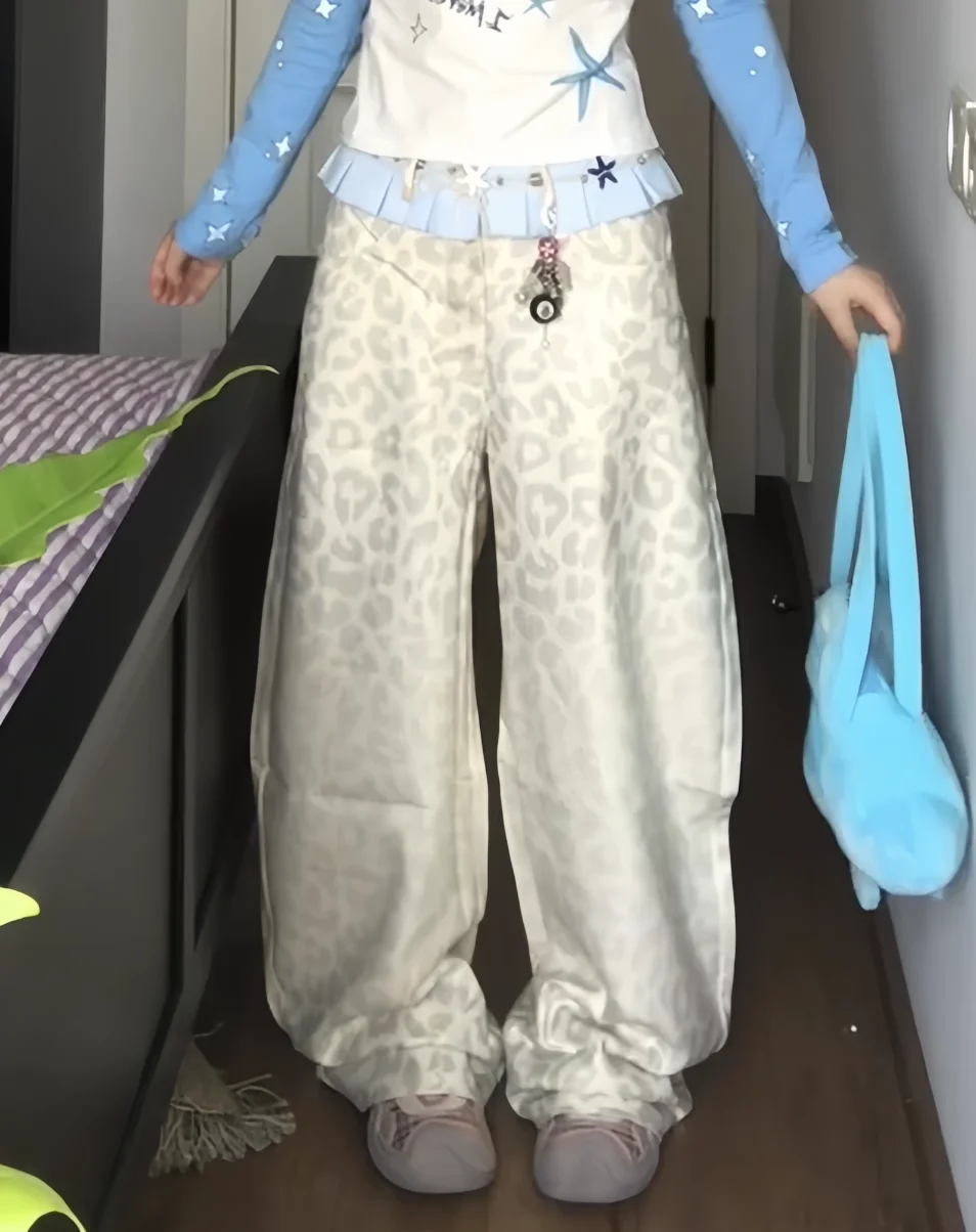 Y2K Leopard Print Pants Women Color Block Patchwork Design Retro Skirt Style Loose Wide Leg Casual New