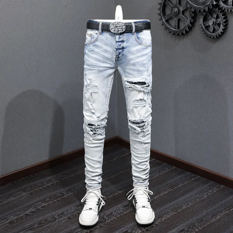 High Street Fashion Men Jeans Retro Light Blue Stretch Skinny Fit Ripped Jeans Men Bandana Patched Designer Hip Hop Brand Pants