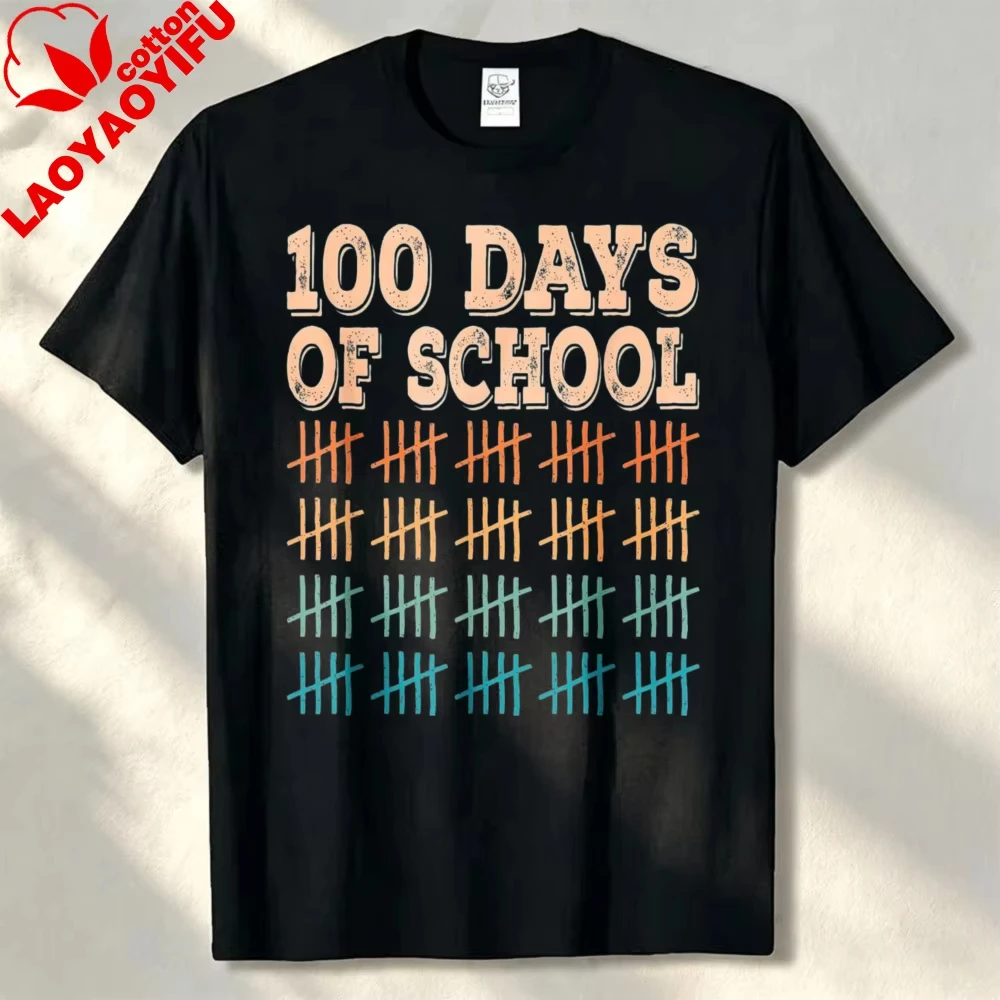Unisex 100 Days of School Color Tally Marks Retro Distressed Print Tshirt 100th Day School Teacher Student Casual Cotton Tops