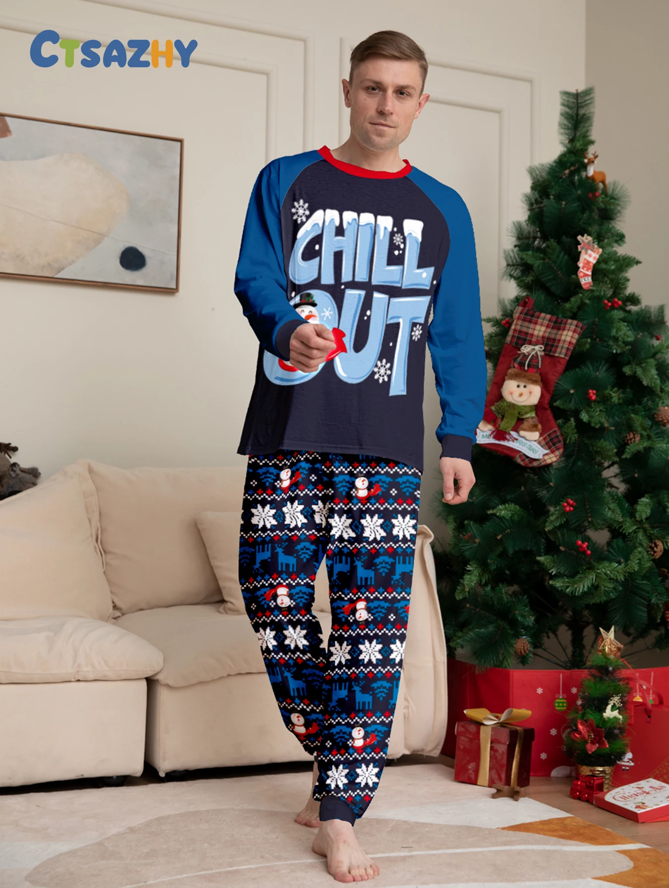 Kerstpyjamaset voor heren met "CHILL OUT" en sneeuwpopprint, feestelijke kerstloungekleding