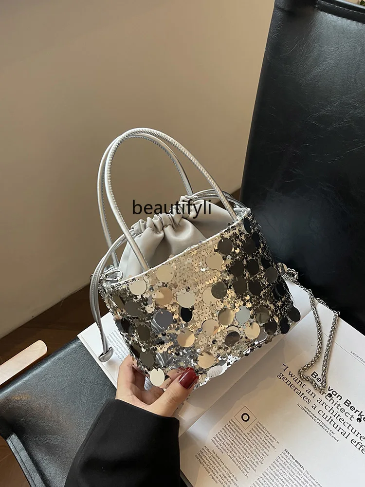 Fashionable Sequins Small Bag Women's Summer New Portable Bucket Bag Special-Interest Design Personality Chain Messenger Bag