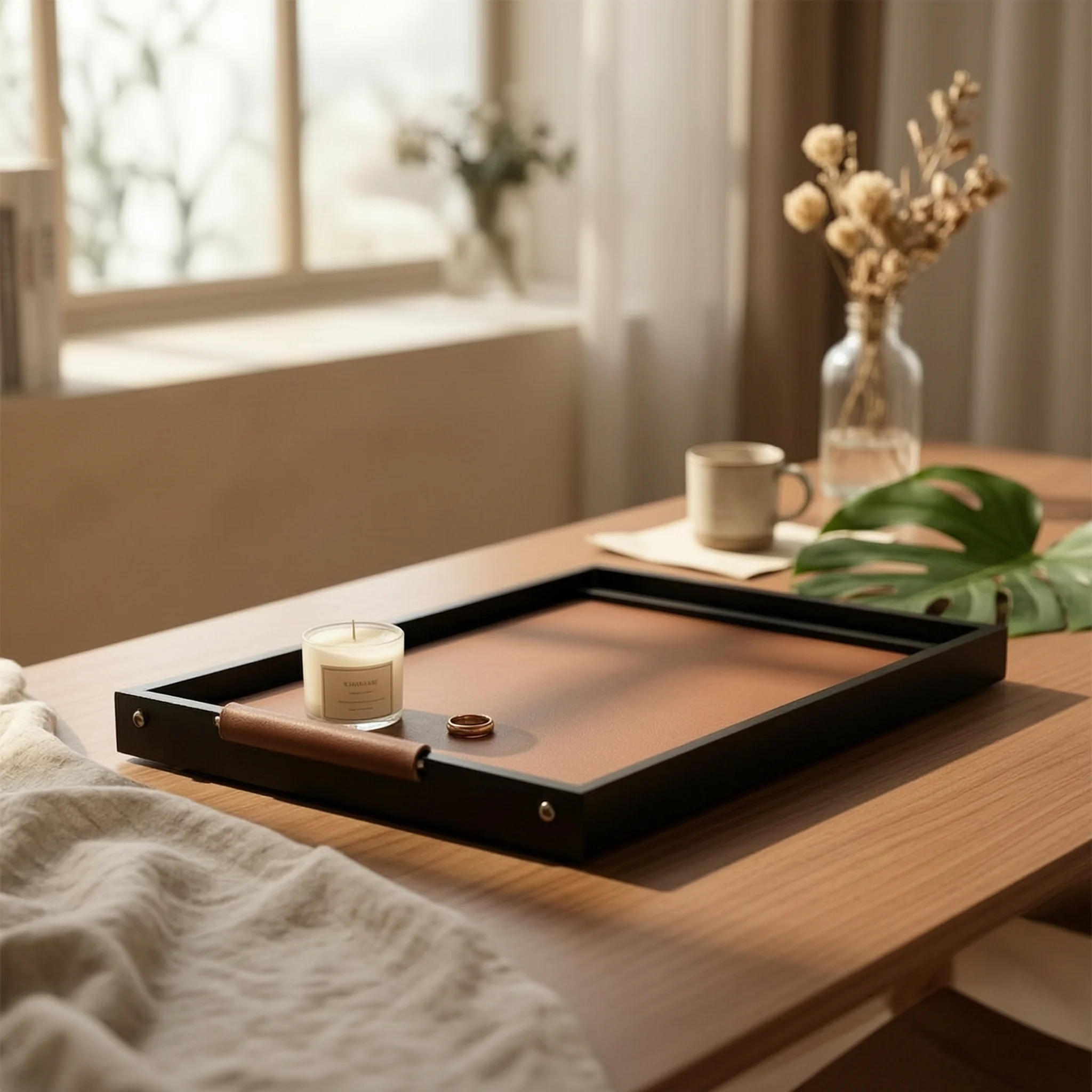 Decorative Tray with Handles Black Tray with Handles Stylish Modern for Tabletop, Vanity