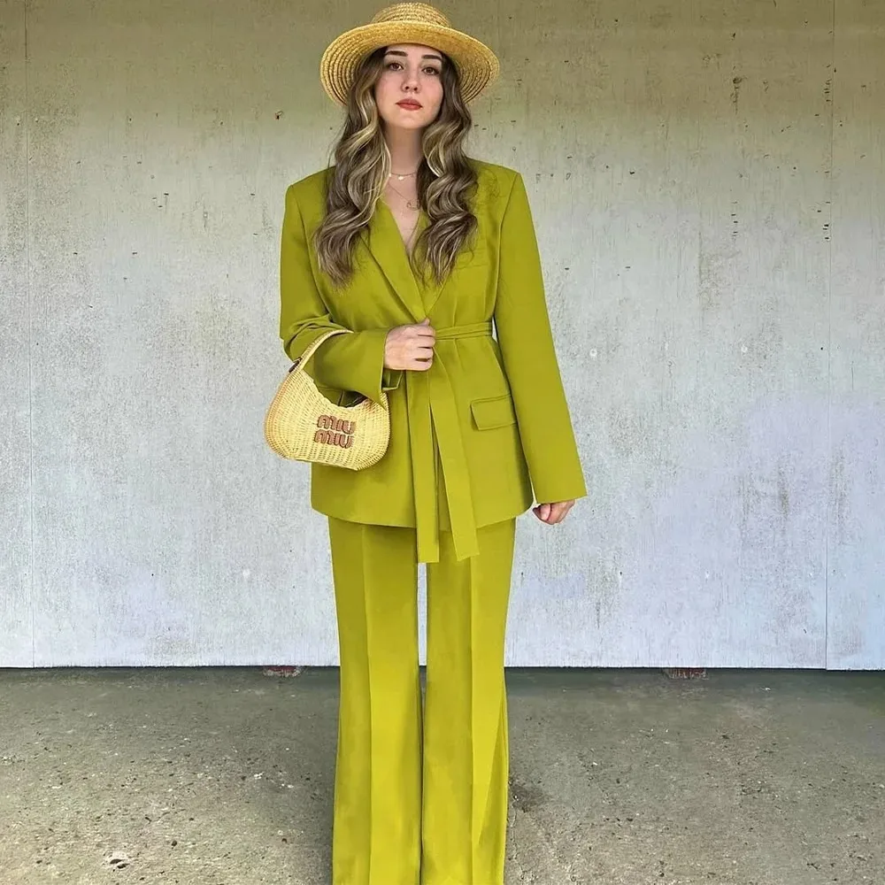 2025 Fall Winter Elegant Green Office Lady Suits Fashion Sashes Single Breasted Straight Blazers Chic Flare Pants костюм