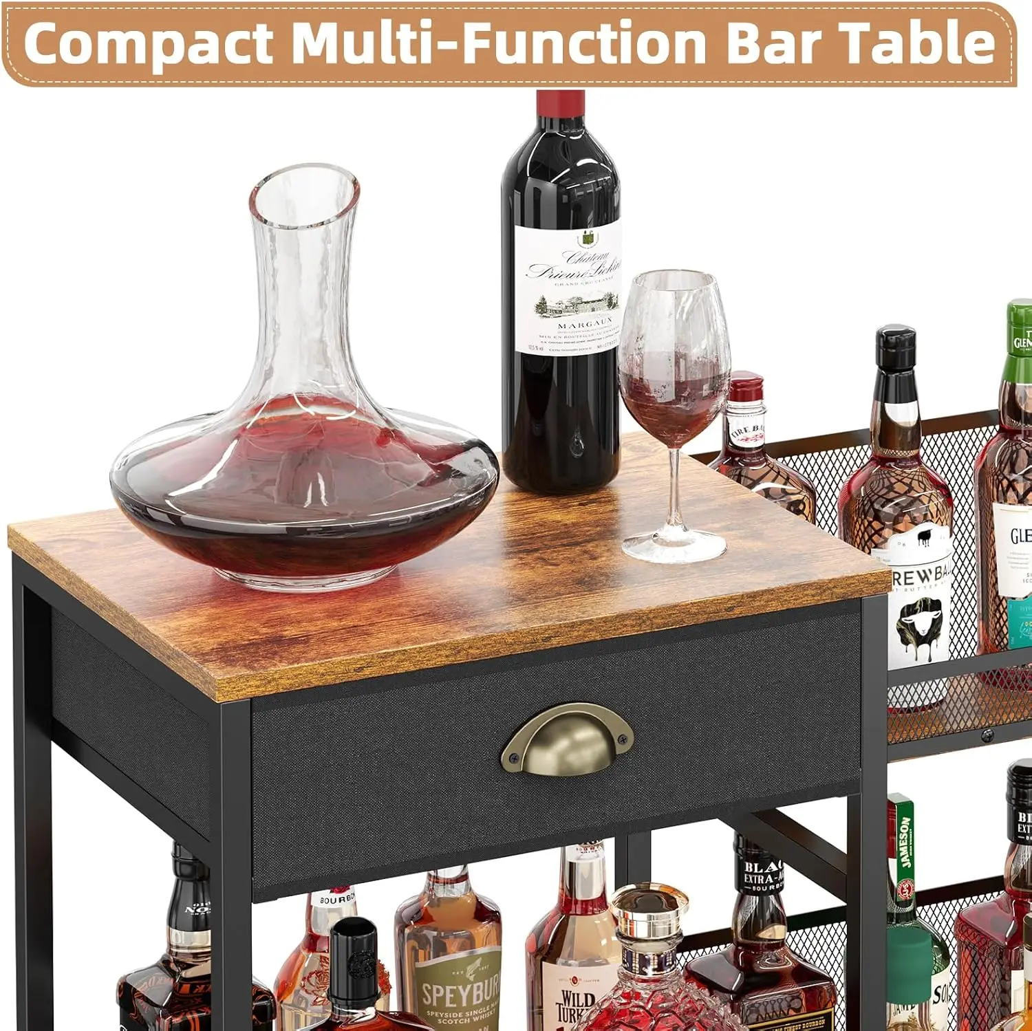 3-Tier Wine Rack with Drawer, Freestanding Bar Cabinet for Home Kitchen Apartment