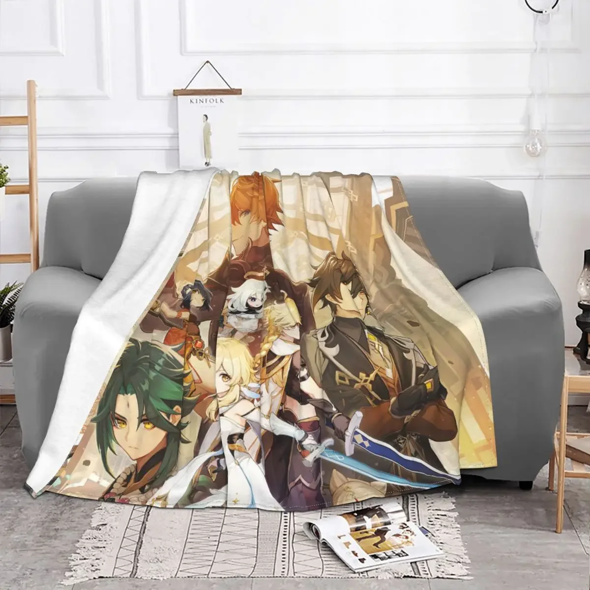 Genshin Impact Acg Anime Blanket Fleece Spring Autumn Retro Manga Portable Soft Throw Blankets for Sofa Travel Bedding Throws