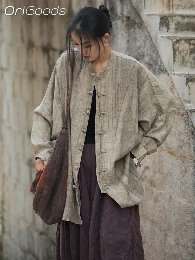 OriGoods Oversized Shirt Women Ramie Spring Autumn Vintage Long Shirt Tie-dye Oversize Style Novelty Zen Style Tops Coat B170