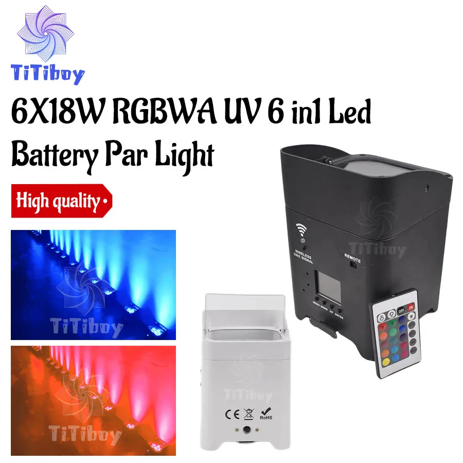 

Battery Operated Wedding Uplight 6x18w RGBWAUV Led Wireless DMX Wifi Remote Control Dj Par Sound Party