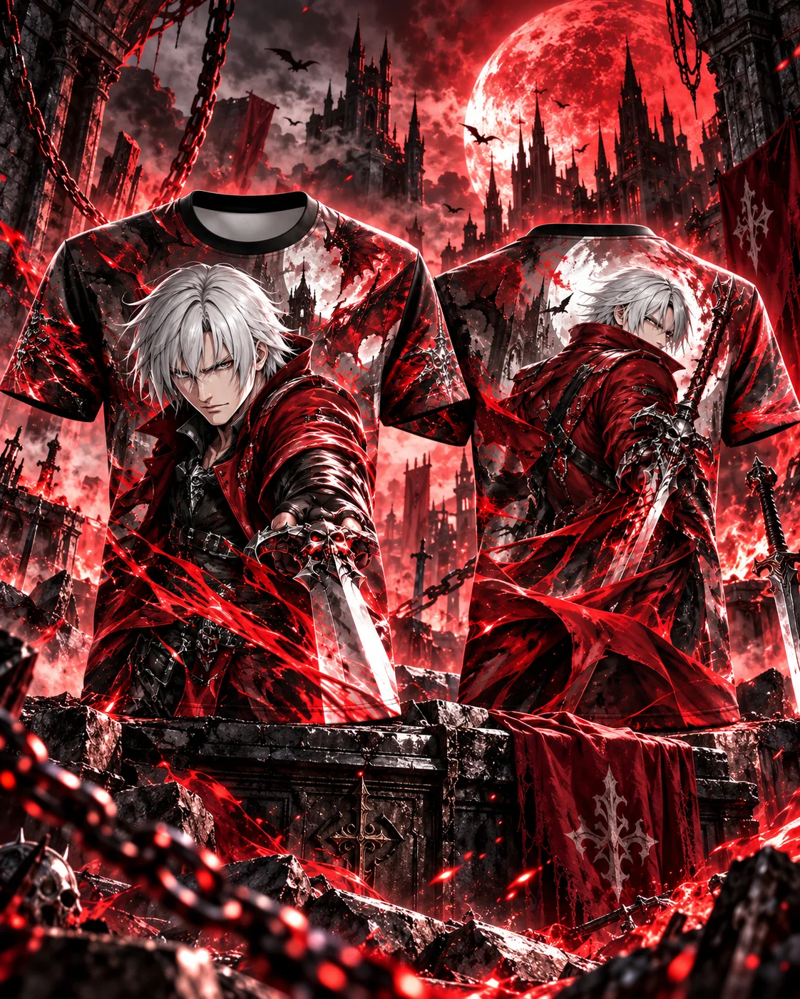 Men's 3D Anime Graphic T-Shirt, White Hair Swordsman Print, Gothic Blue Red Flame Short Sleeve Tee