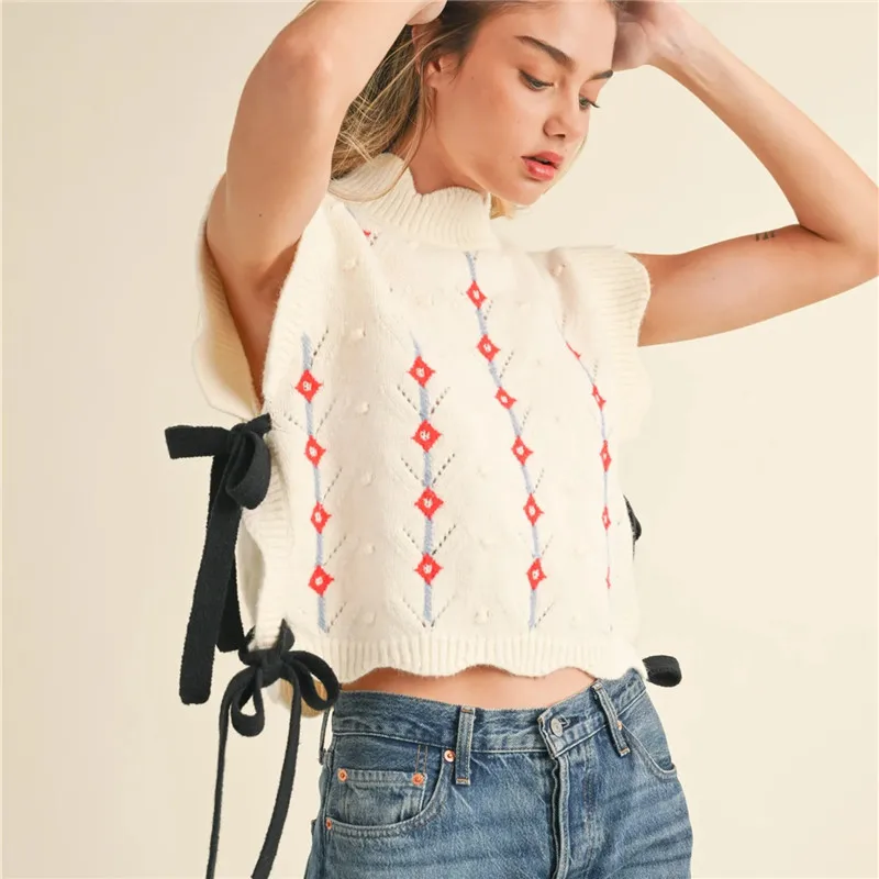 Women's Knit Sweater Vest Bow Tie Side Casual Loose Fit Cozy Stylish Ribbed Trim Mock Neck Sleeveless Knitted Tank Tops