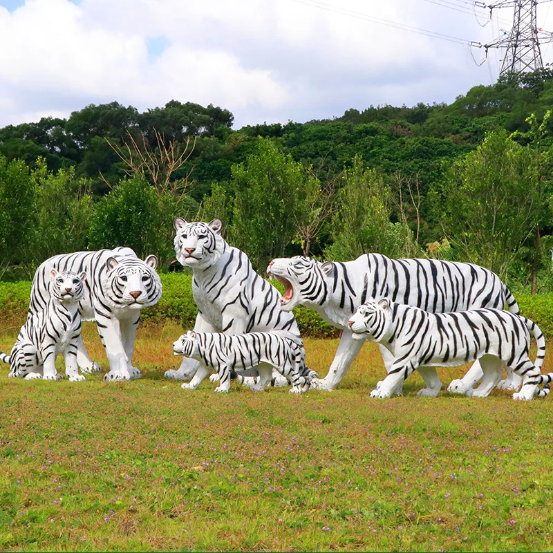 Escultura de tigre de simulación al aire libre, animal, jardín, paisaje, patio de aterrizaje, tigre blanco, modelo grande de fibra de vidrio