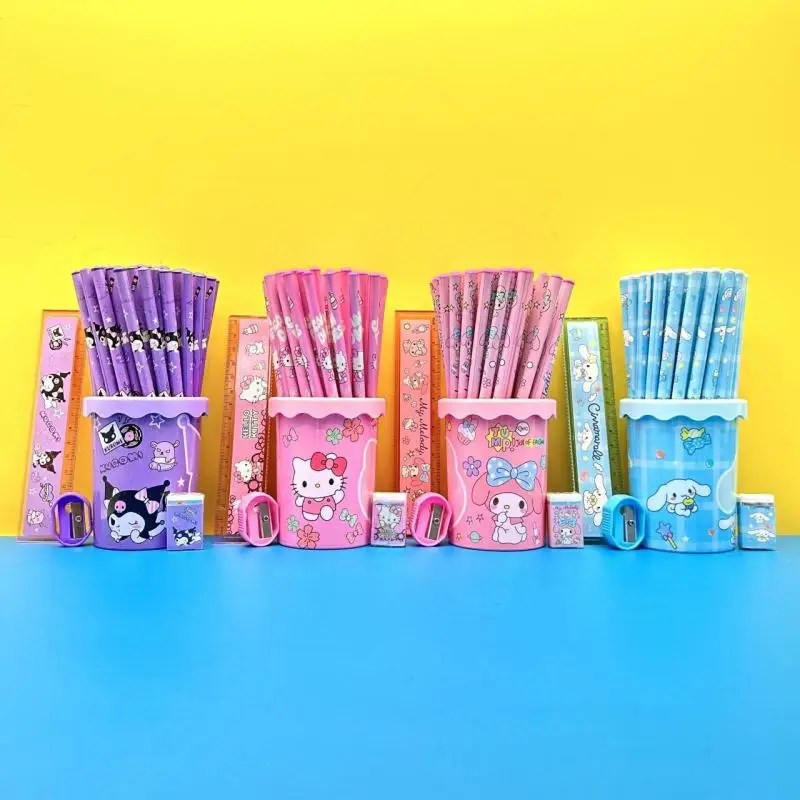 Sanrio Hello Kitty Cinnamoroll Kuromi Pencils Set Anime Cute Cartoon Student Pen Holders Pencils Stationery Set Birthday Gift