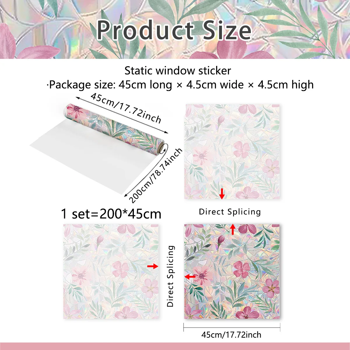45*100cm 17.72*39.38in Floral Window Film Colorful Floral Window Film Vibrant Color Retention Double-sided Pattern