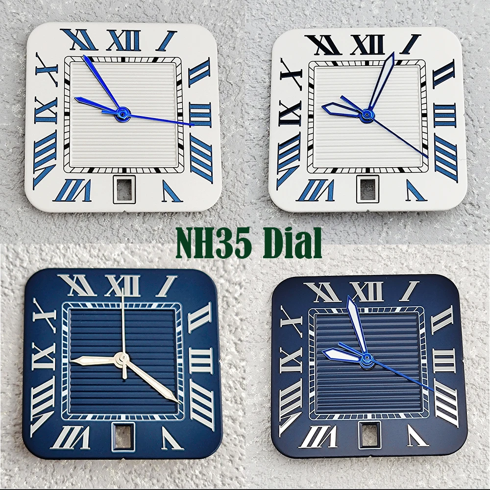 NH35 قرص مربع معدل قرص روماني شعار الساعة 6، نافذة التاريخ مناسبة للطي مشبك مربع إكسسوارات ساعة سانتوس