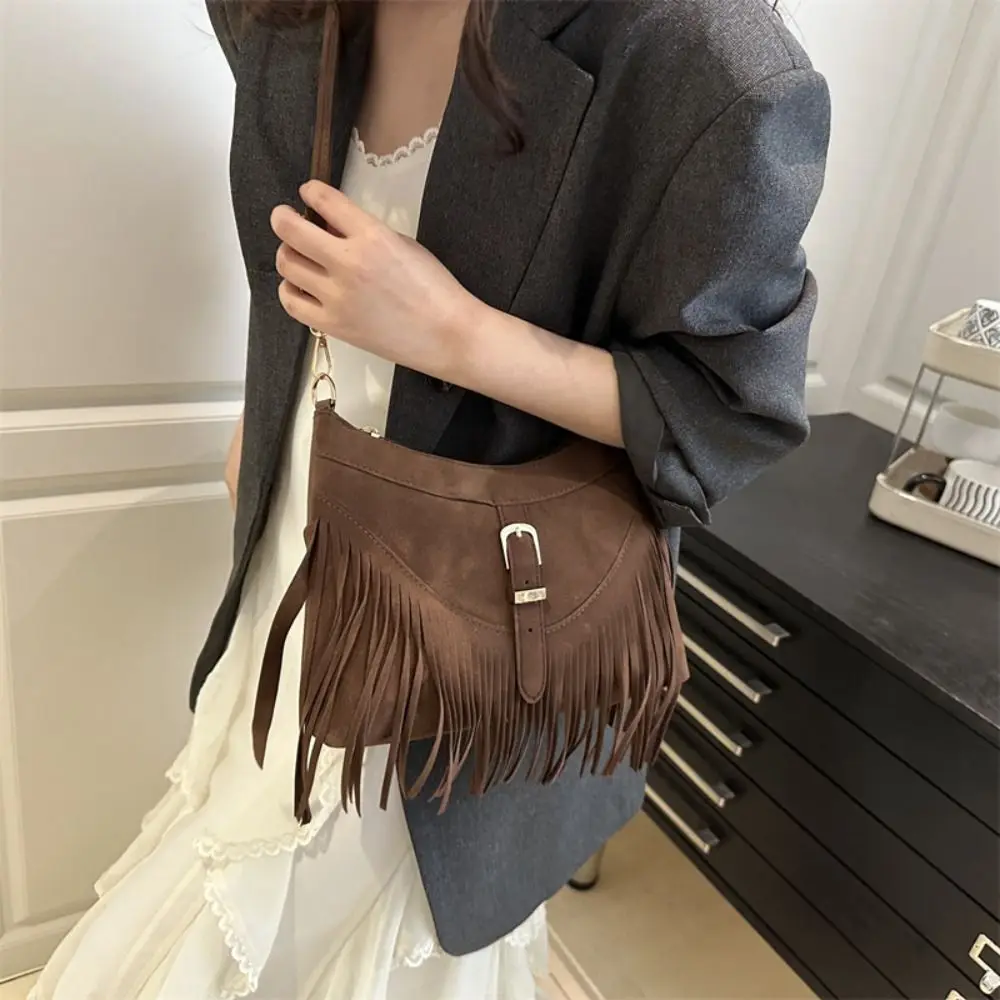 Fashion Korean Style Tassel Shoulder Bag Solid Color PU Leather Suede Handbag Bohemian Style Zipper Underarm Packs Women image 5