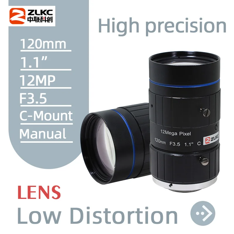 ZLKC 120mm Lens Fixed Focus 1.1 Inch FA 12MP High Resolution C-Mount Lens F3.5 Manual Iris 12Megapixels Lenses Low Distortion