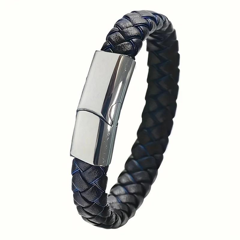 Custom Engrave Name Braided Leather Bracelet Black Stainless Steel Magnet Buckle Woven Bracelets for Man Father's Day Gift view 4