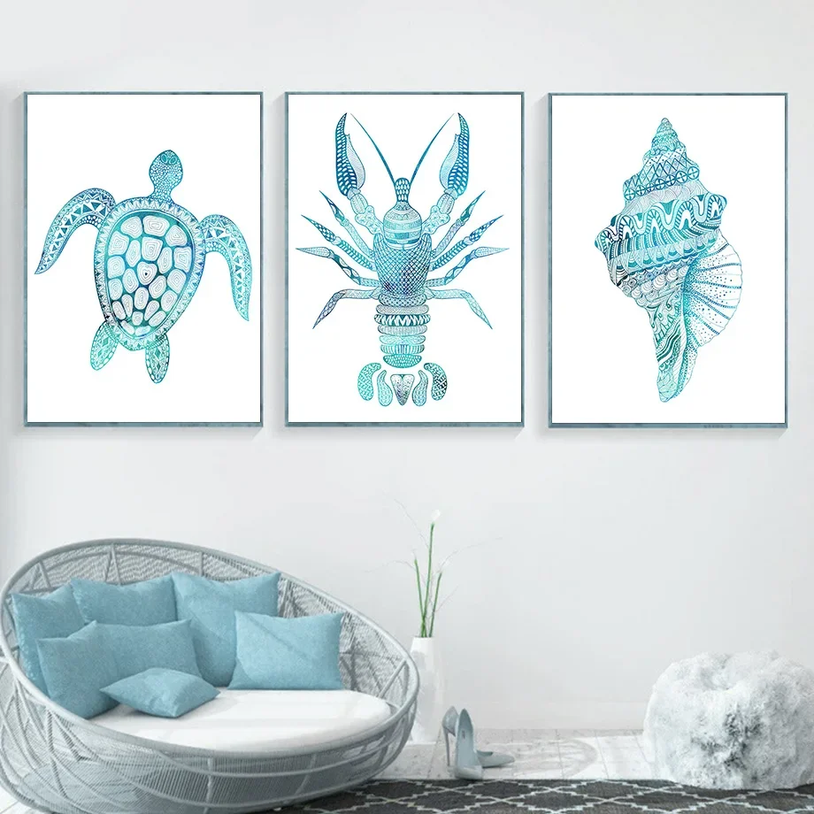 Lobster Seahorse Conch Shell Jellyfish Vintage Art Canvas Painting Nordic Posters And Prints Wall Pictures For Living Room Decor