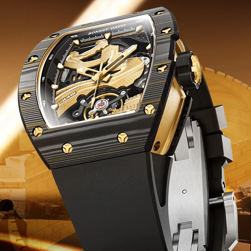 BONEST GATTI Barrel-Shaped Mechanical Watch for Men-Carbon Fiber Luminous Case Embossed Great Wall Series|Automati Light Luxury