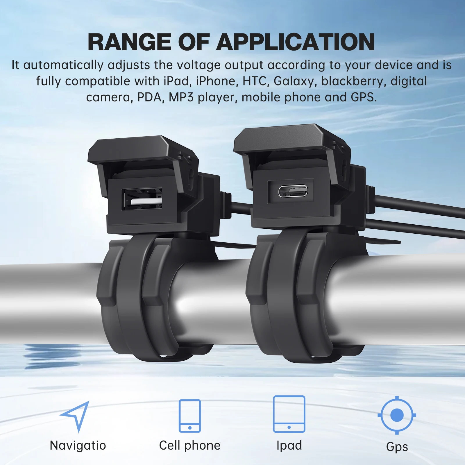 Motorcycle Charger QC3.0 2in1 USB Type c Adaptors Waterproof Handlebar Mounting Bracket Charger for Phone 12/24V On-Board Socket