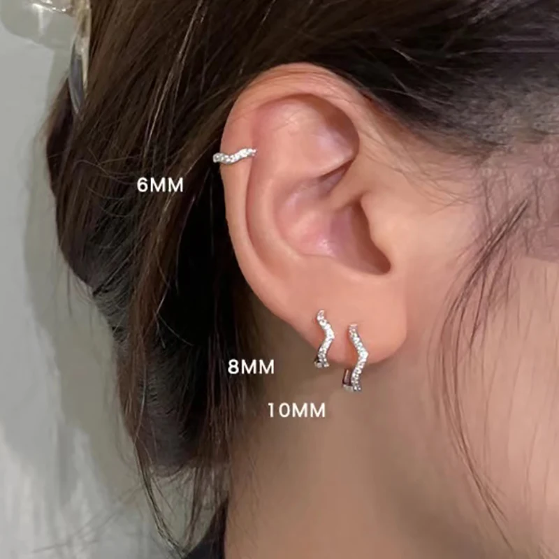 3PCS Stainless Steel Minimal Wave Hoop Earrings Set for Women Crystal Zirconia Huggie Thin Cartilage Earring Piercing Jewelry