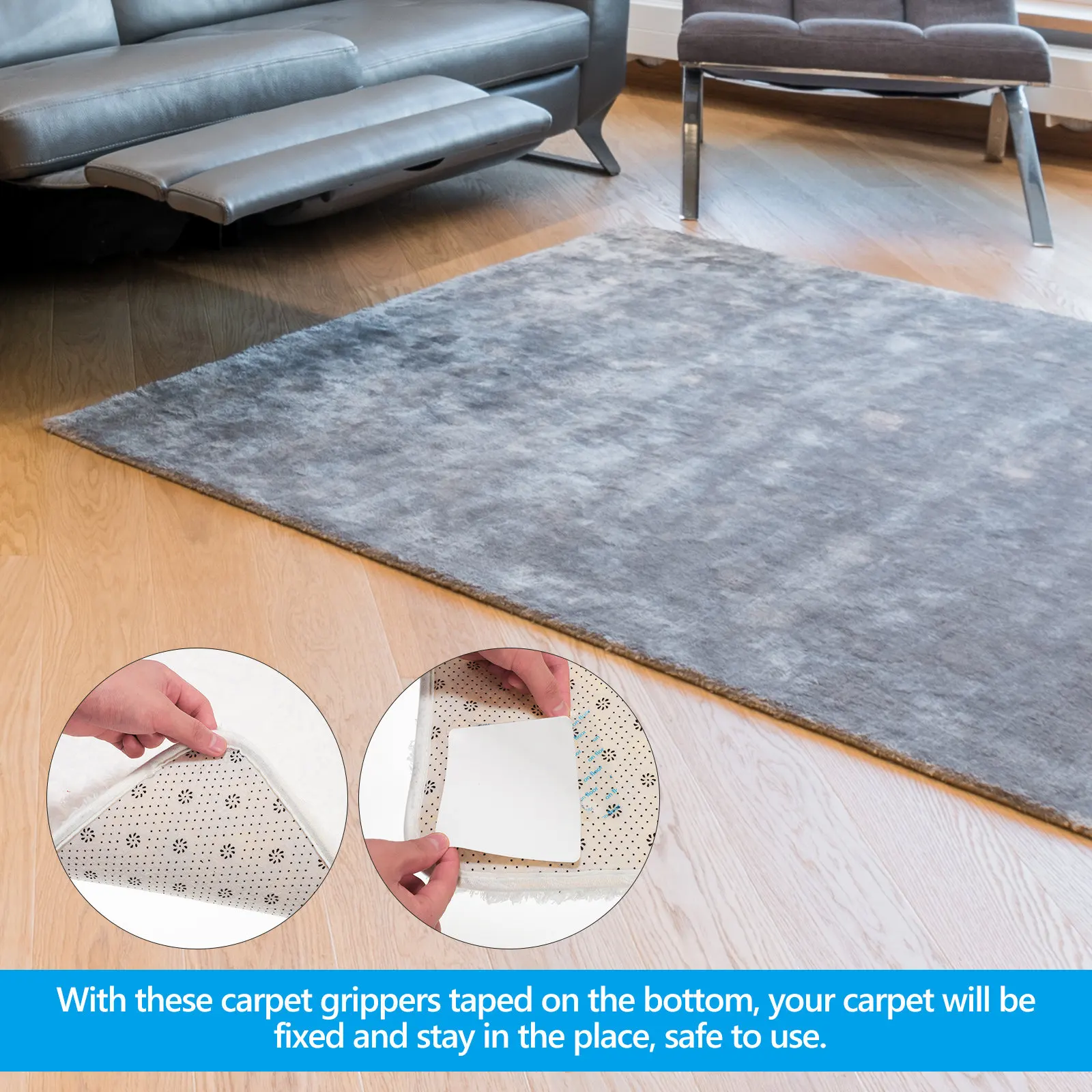 

16Pcs Washable Carpet Grippers Rug Tape Stickers Anti-Slip Under Rug Pad for Area Rugs Hardwood Floor Friendly Easy Peel
