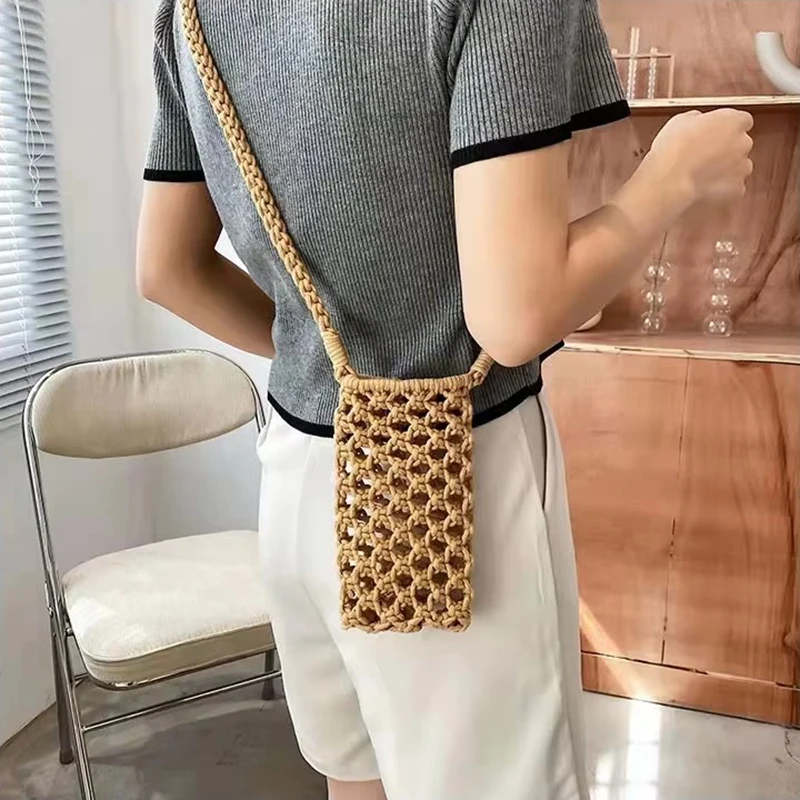 Women Fashion Small Crossbody Phone Bag Solid Color Hollow-out Woven Crochet Lightweight Braided Shoulder Handbag