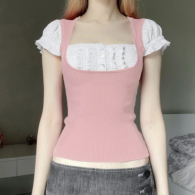 

CIBBAR Cute Coquette Pink Cropped Top Summer Short Sleeve Slim-fitting Knitted T-shirt for Women Vintage y2k T Shirts Casual Tee