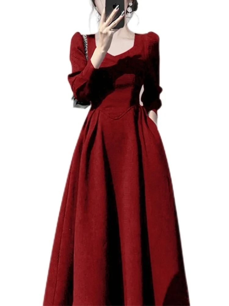 UCXQ Elegant Solid Color Wine Red Ladies Vestidos Black Square Neck Long Sleeve Dress For Women 2024 Spring Summer New 23A7740