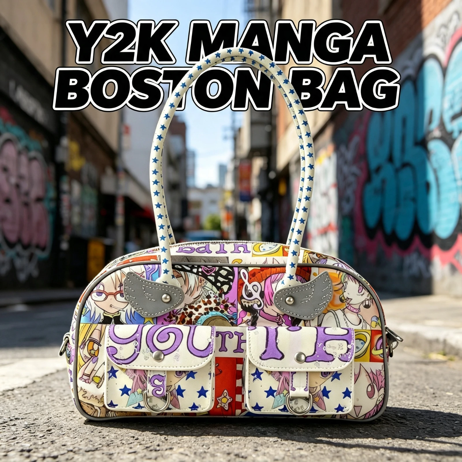 Y2K Anime Boston Bag Retro, Mangas Collage Print Shoulder Handbag, Purple Youth Typography Star Pattern, Handle Kawaii Tote Gift