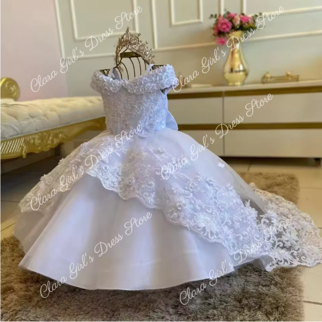 White Pearl Flower Girl Dress Wedding Puffy Sleeveless Princess Dress Suitable for Birthday Parties Christmas  First Communion