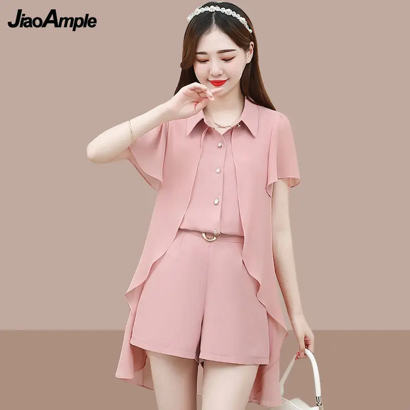 

Korean Elegant Shorts Suit 2024 Summer New Loose Casual Top Pants Two Piece Women Fashion Thin Short Sleeve Blouse Shorts Set