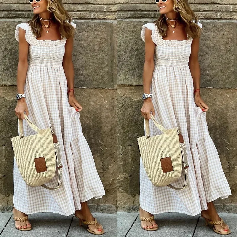 Elegant Temperament Plaid Patchwork Slip Boho Dress Summer Ruffle Backless Pleated Elastic Waist Swing Loose Party Dresses