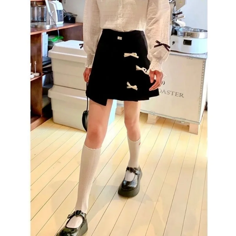 

Cute Bow Mini Skirt Women Summer New High Waist Pleated A-line Black Skirts Preppy Style Y2k All Match Faldas Ajustadas