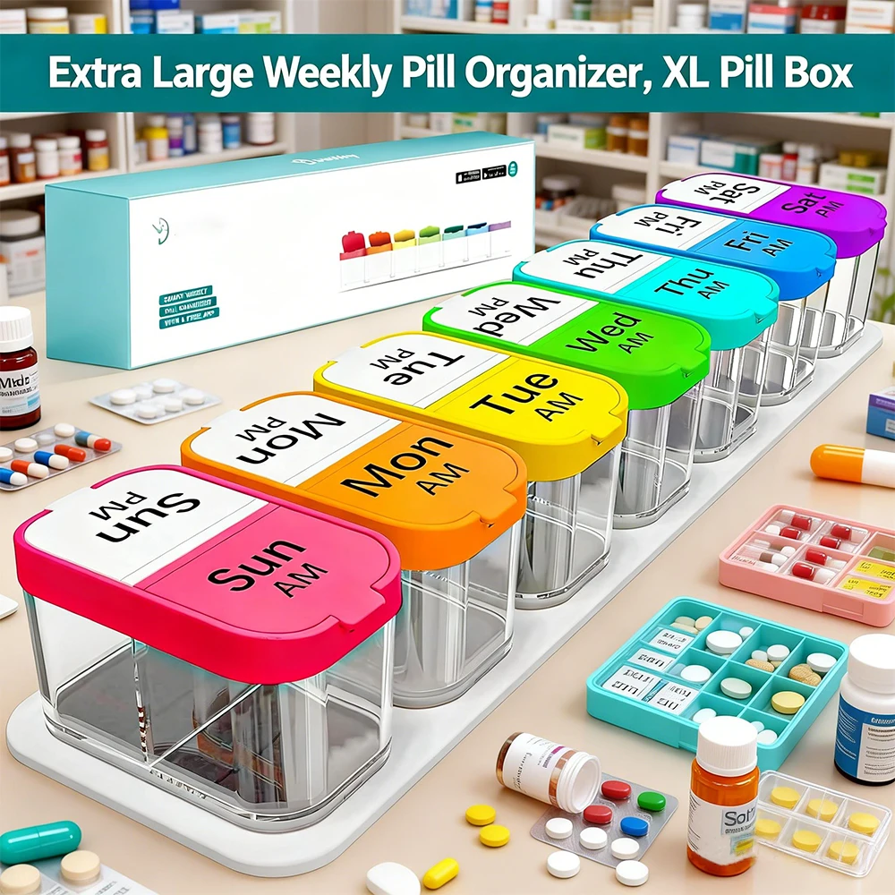 Extra Large 7 Day AM PM Pill Organizer with 14 Large Compartments Weekly Pill Box for Storing Ideal for Family Health Management