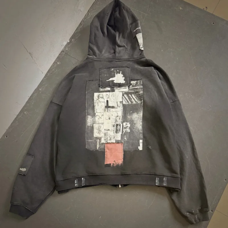 HKSH Spring Autumn New Men Tide Dark Punk Vintage American Graffiti Patch Print Cardigan Hooded Sweatshirt Casual Zipper HK28133