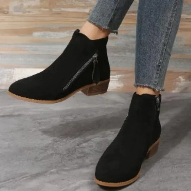 Women\'s Ankle Boots 2023 Spring Vintage Zip Heeled Short Boots for Women Fashion Chunky Heel Casual Single Shoes Female