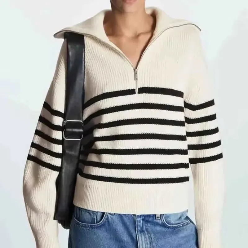 New women's half zipper striped wool blend knit sweater