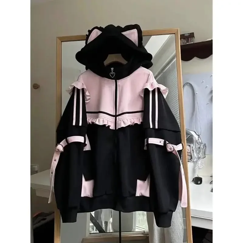 Japanese Sweet Coats Y2K Clothing Hoodie Women Tops Autumn and Winter Color Match Splicing with Thick Velvet Cardigan Jackets