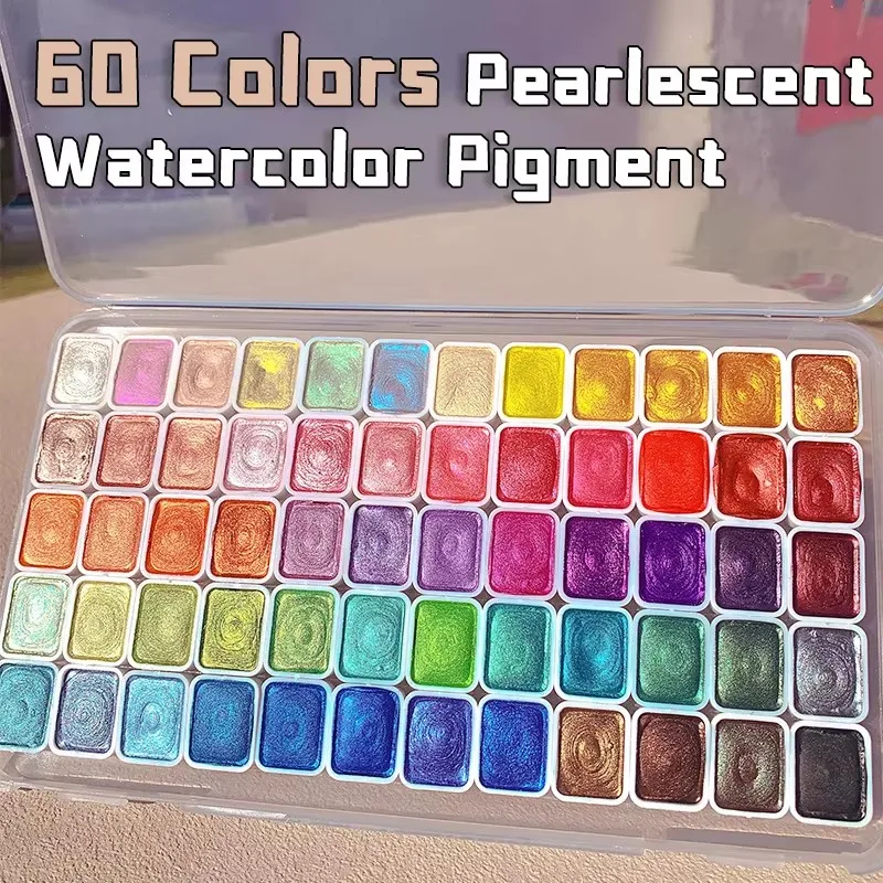 60 couleurs de pigments d'aquarelle nacrés, métalliques, chatoyants, pailletés, peinture solide, mini kit de voyage portable pour la peinture, l'écriture