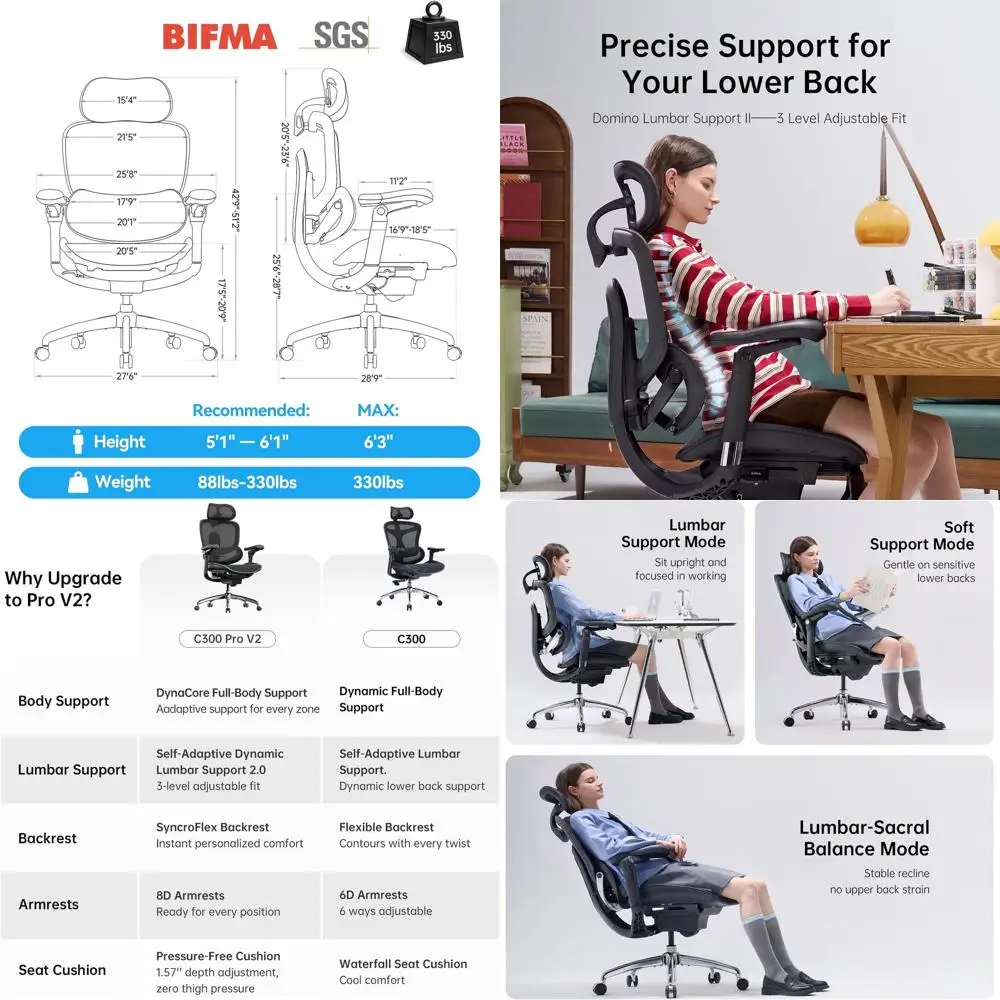 

Ergonomic Office Chair Pro V2: Full-Body Support, 8D Armrests, Breathable Mesh, Comfortable High Back for Long Hours, 135° Recli