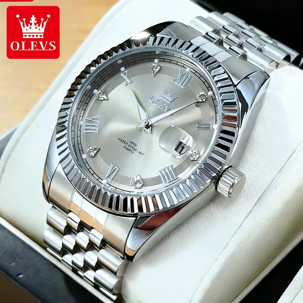 

Мужские часы OLEVS, классические, модные, из тонкой стали, оригинальные кварцевые наручные часы для мужчин, с резным безелем, большим датером, водонепроницаемые, светящиеся в темноте