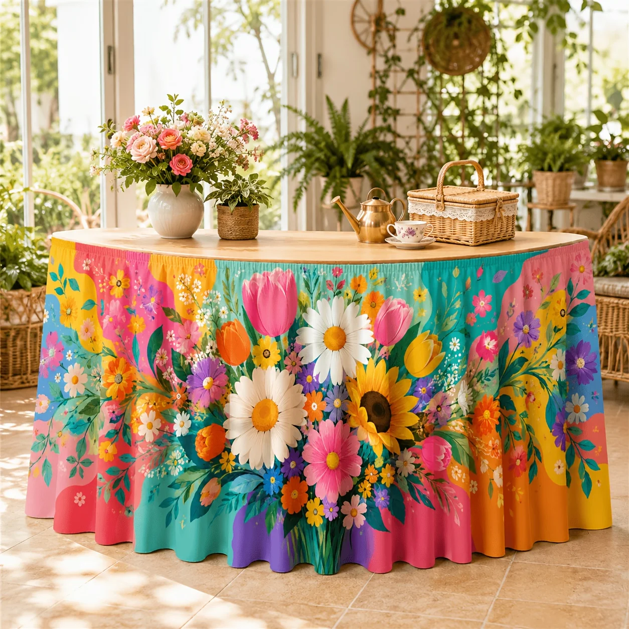 One table skirt. Polyester bright floral print table skirt. Sunflower, daisy, tulip.xzj