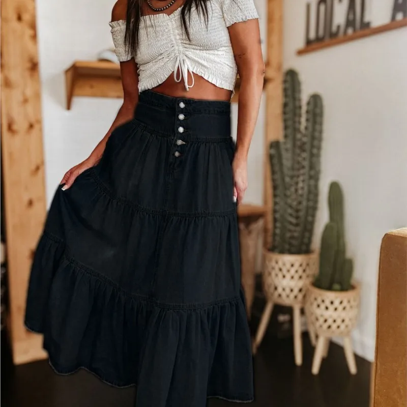 Summer Women Denim Skirt High Waist Buttons Fly Multi Layer Ruffle Denim Pencil Skirt Stitching Bohemia Style Lady Maxi Skirt