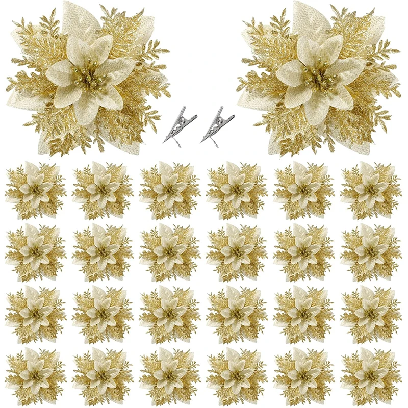 

2/5Pcs 14cm Glitter Artifical Christmas Flowers Mreey Christmas Tree Decor Happy New Year Ornaments Xmas Fake Flowers natal